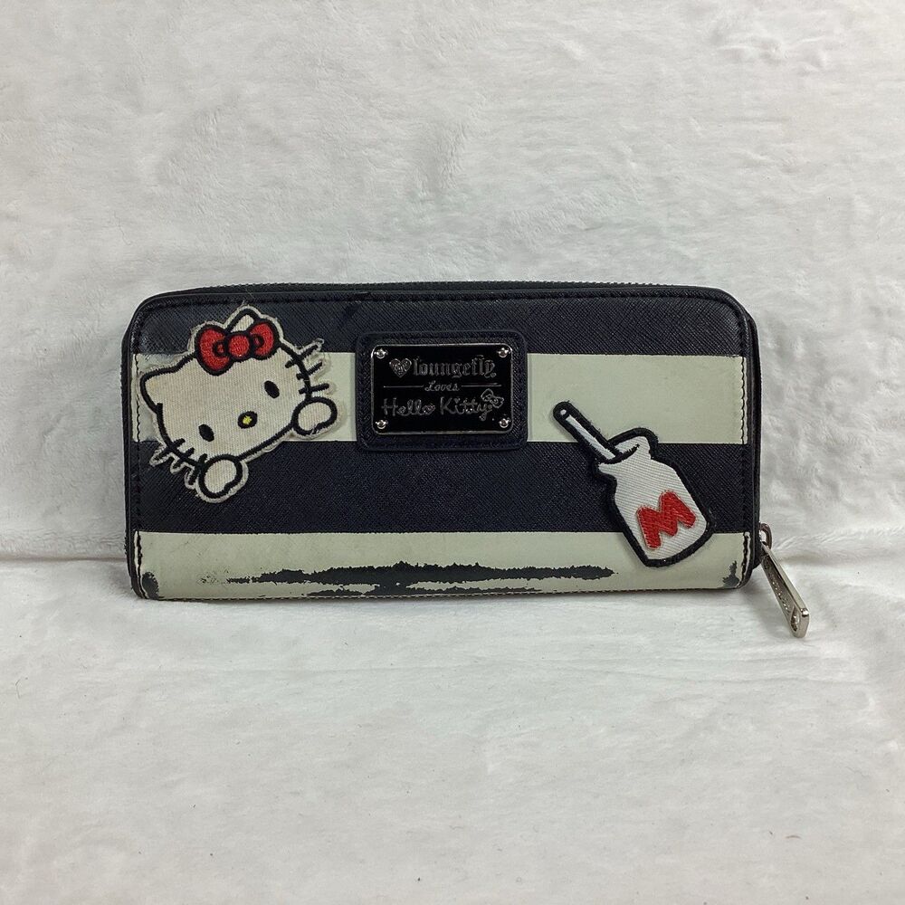 Lounge Fly Hello Kitty Full Zip Wallet Large Black White Coin Purse Clutch